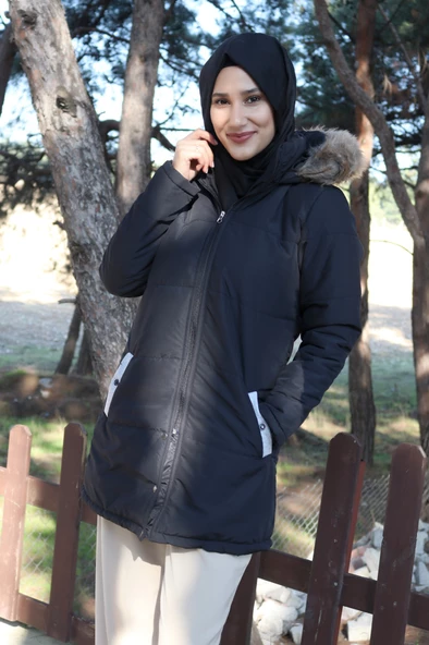 Kışlık Kürk Yaka Şişme Kadın Tesettür Mont