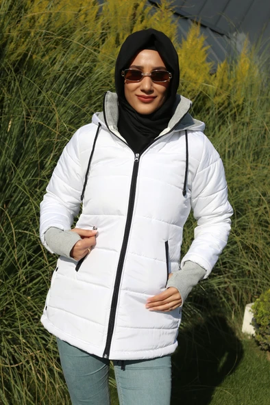 Kışlık Kapüşonlu Uzun Kadın Şişme Tesettür Mont - Resim 4