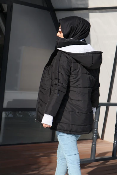 Kışlık Kapüşonlu Uzun Kadın Şişme Tesettür Mont - Resim 5