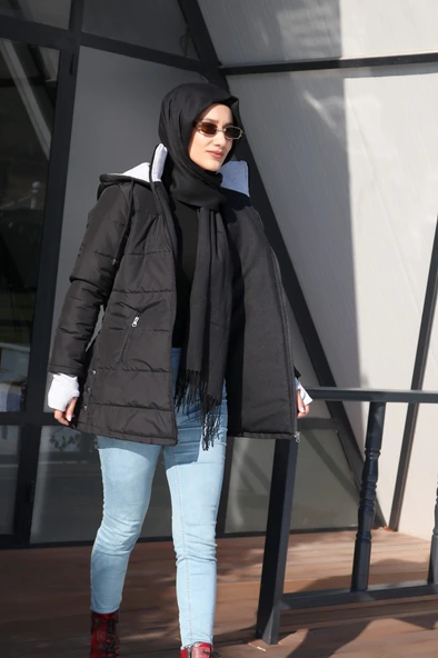 Kışlık Kapüşonlu Uzun Kadın Şişme Tesettür Mont - Resim 4