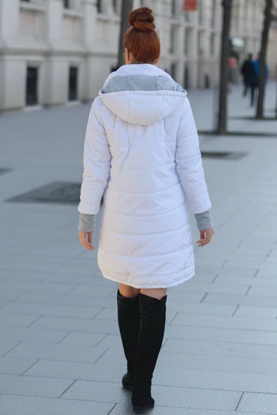 Kışlık Kapüşonlu Uzun Kadın Şişme Mont - Resim 3