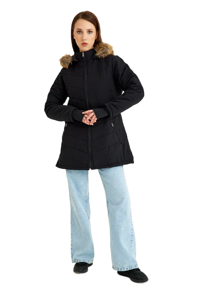 Kışlık Eldivenli Kapüşonlu Kürklü Kadın Şişme Mont - Resim 5