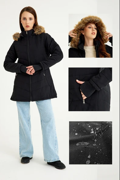 Kışlık Eldivenli Kapüşonlu Kürklü Kadın Şişme Mont - Resim 8