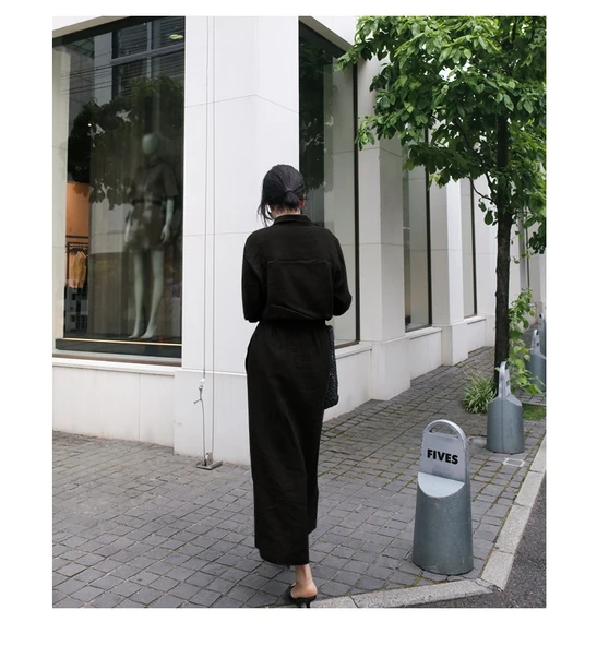 Keten Günlük Rahat Beli Bağcık Detaylı Uzun Kol Elbise - Resim 2