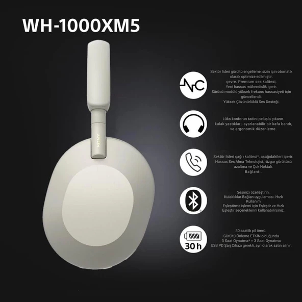 Sony WH-1000XM5 Kulak Üstü Bluetooth Kulaklık Beyaz - 4