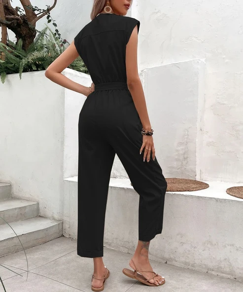 Keten Kadın V Yaka Tek Sıra Düğmeli Kolsuz Tulum - Resim 4