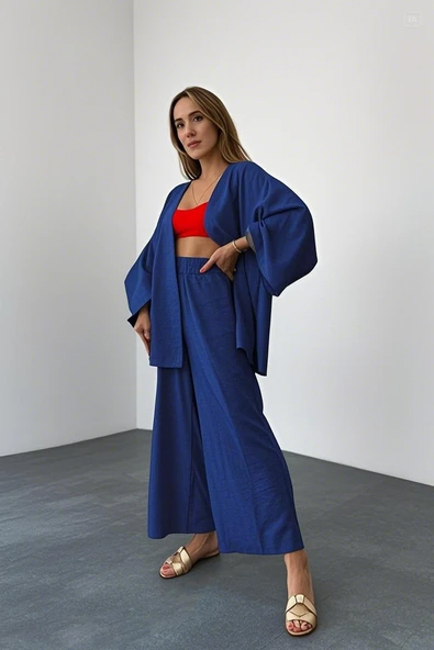 Keten Kadın Salaş Kimono İkili Lacivert Takım ürün görseli