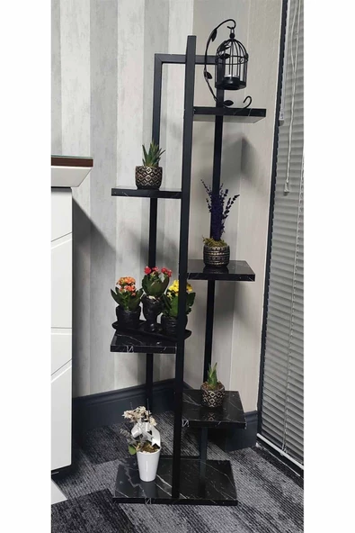Iona Aetas Siyah Metal Çerçeveli Küçük Çiçeklik 6 Bölmeli Siyah Mermer Raf - 2