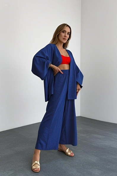 Keten Kadın Salaş Lacivert Kimono İkili Takim