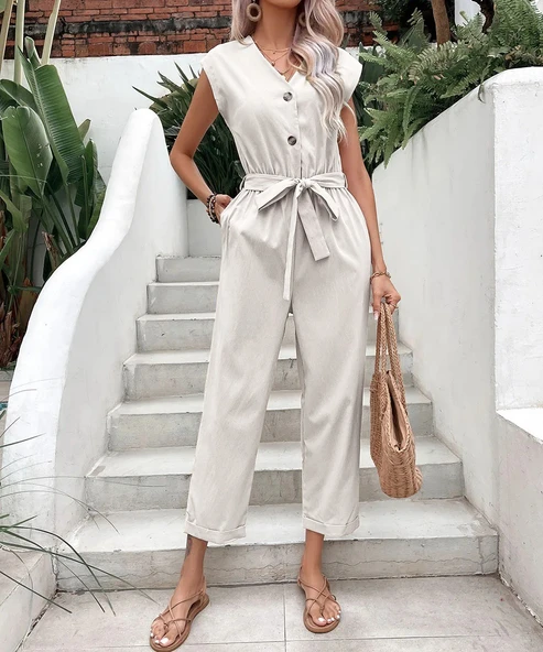 Keten Kadın V Yaka Tek Sıra Düğmeli Kolsuz Tulum ürün görseli