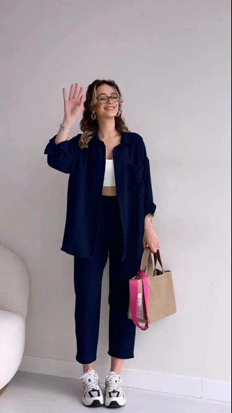 Keten Günlük İkili Takım Elbise Pantolon Gömlek - Resim 2