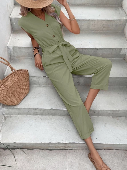 Keten Kadın V Yaka Tek Sıra Düğmeli Kolsuz Tulum - Resim 2