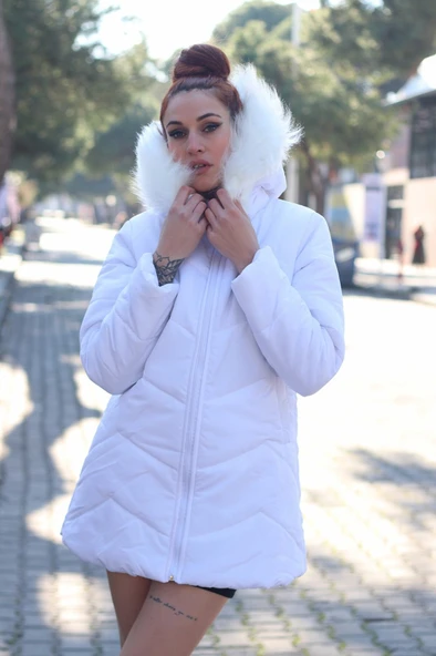 Günlük Kışlık Kapişonu Kürklü Kadın Şişme Mont - 2