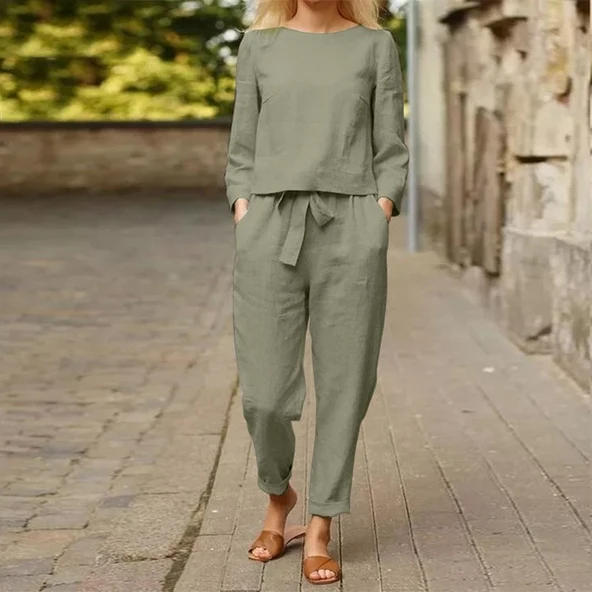 Keten Günlük Rahat Beli Kemerli Kadın İkili Takım Alt Üst ürün görseli 1