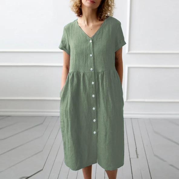 Keten Günlük Yazlık V yaka Kısa Kol Düğme Detaylı Kadın Elbise ürün görseli 1