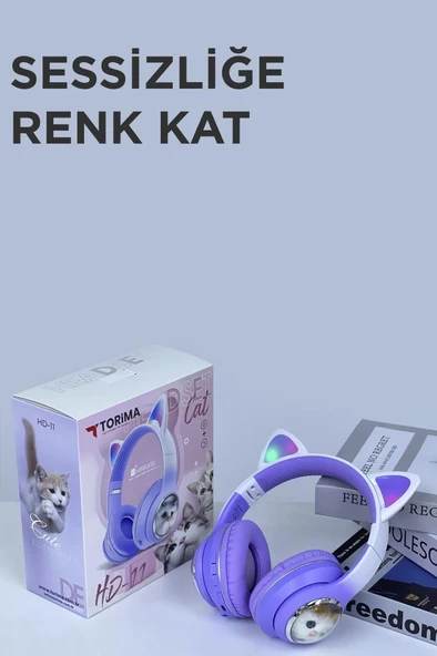 Torima HD11 Mor Sevimli Kedi Karikatür Kulak Led Işıklı 5.3 Bluetooth Kulak Üstü Kulaklık - 3