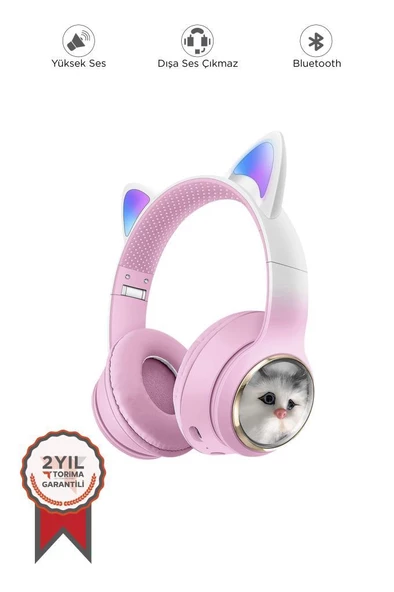 Torima HD11 Pembe Sevimli Kedi Karükatür Kulak Led Işıklı 5.3 Bluetooth Kulak Üstü Kulaklık