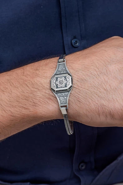 Mührü Süleyman İşleme 925 Gümüş Bileklik - 2