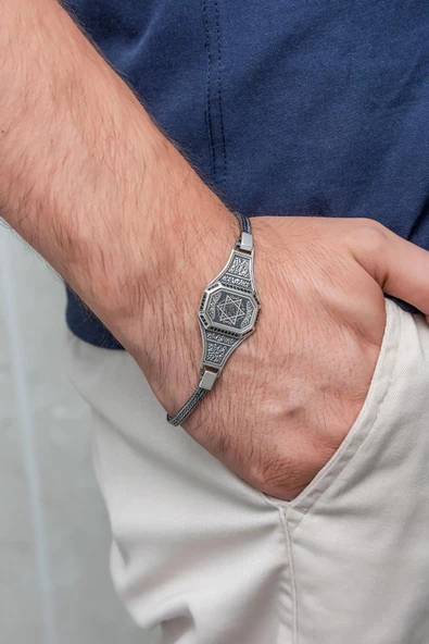 Mührü Süleyman İşleme 925 Gümüş Bileklik - 4