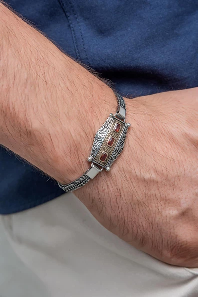 Kırmızı 3 Taşlı 925 Gümüş Erkek Bileklik Künye