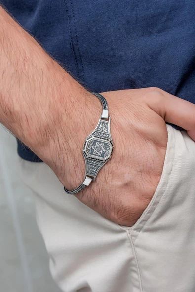 Mührü Süleyman İşleme 925 Gümüş Bileklik - 6