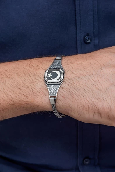 Ayyıldız Türk Bayrağı Motifli 925 Ayar Gümüş Erkek Bileklik Künye - 3