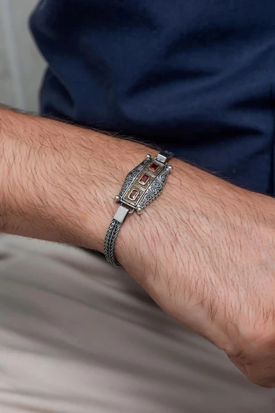 Kırmızı 3 Taşlı 925 Gümüş Erkek Bileklik Künye - 2