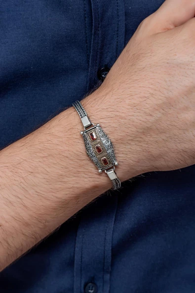 Kırmızı 3 Taşlı 925 Gümüş Erkek Bileklik Künye - 3