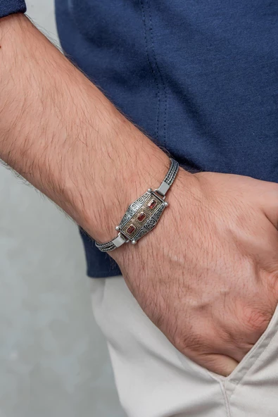 Kırmızı 3 Taşlı 925 Gümüş Erkek Bileklik Künye - 4