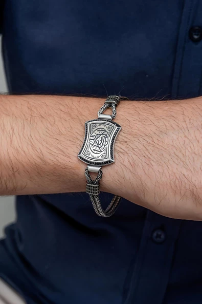 La Galibe İllallah Hat Yazılı 925 Gümüş Erkek Bileklik Künye - 3