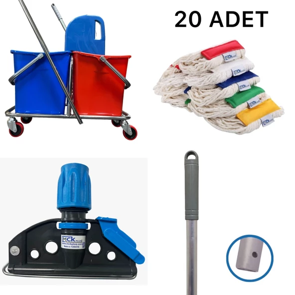 Çift Kovalı Paspas Arabası Krom Çelik Presli Temizlik Arabası Seti Islak Mop Seti. 20 Islak Mop