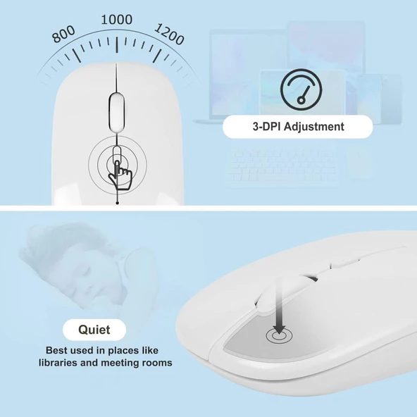 Apple iPad Air 2- iPad 6 9.7" Uyumlu Kablosuz Bluetooth Şarj Edilebilir Klavye Mouse Seti - Beyaz - 4