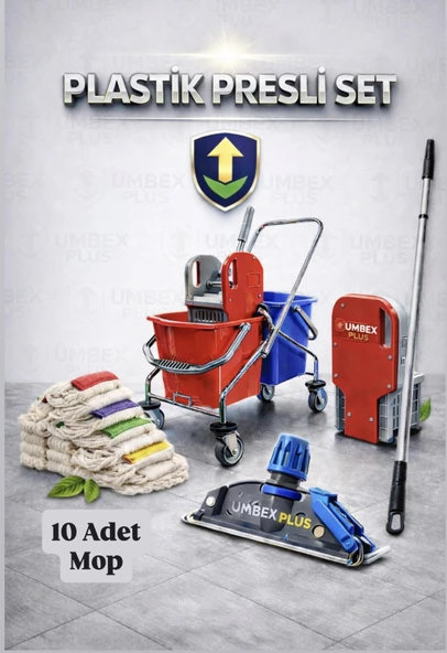 UMBEX Çift Kovalı Krom  Paspas Arabası Temizlik Arabası Islak Mop Seti 20 Adet Islak Mop