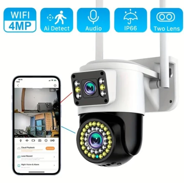 Çift Lens WiFi Kamera PTZ AI İnsan Algılama Monitörü Açık Renk Gece Görüşü  Gözetim Kameraları 4MP