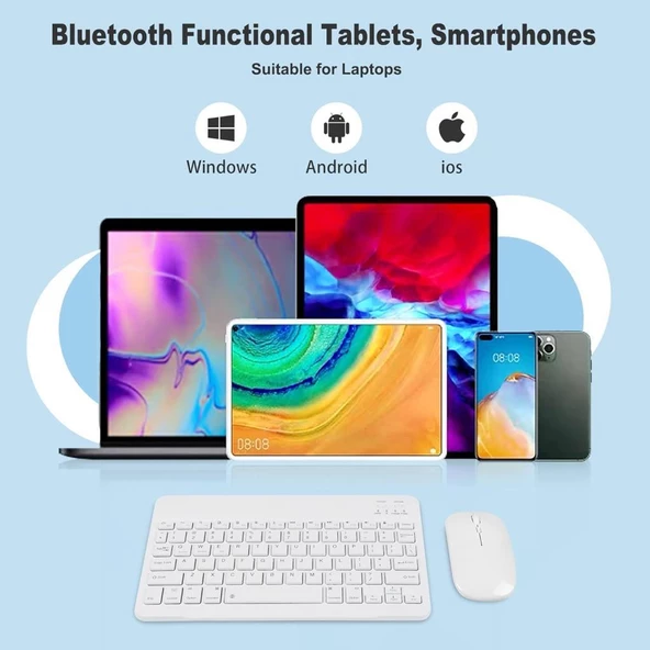 Lenovo Tab M9 MediaTek Helio G80 ZAC301155TR 9" Uyumlu Kablosuz Bluetooth Şarj Edilebilir Klavye Mouse Seti - Beyaz - 5