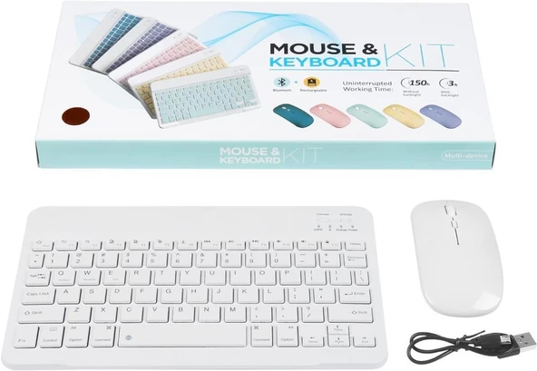 Lenovo Tab M9 MediaTek Helio G80 ZAC301155TR 9" Uyumlu Kablosuz Bluetooth Şarj Edilebilir Klavye Mouse Seti - Beyaz - 8