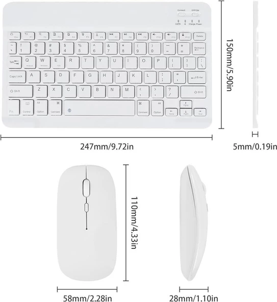 Lenovo Tab M9 MediaTek Helio G80 ZAC301155TR 9" Uyumlu Kablosuz Bluetooth Şarj Edilebilir Klavye Mouse Seti - Beyaz - 7