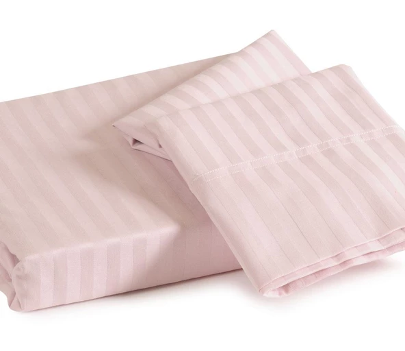 Çizgili Saten 160x200+30Lastikli Yatak Çarşafı ve 2 Adet Yastık Kılıfı 50x70 Çift Kişilik Set Pembe - 5