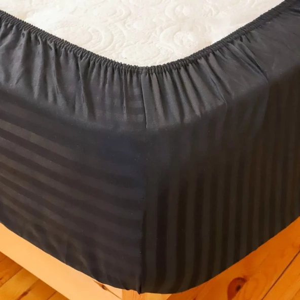 Çizgili Saten Yatak Çarşafı Lastikli 100x200 Yastık Kılıfı 50x70 Fitted Tek Kişilik Çarşaf Seti Siya - 3