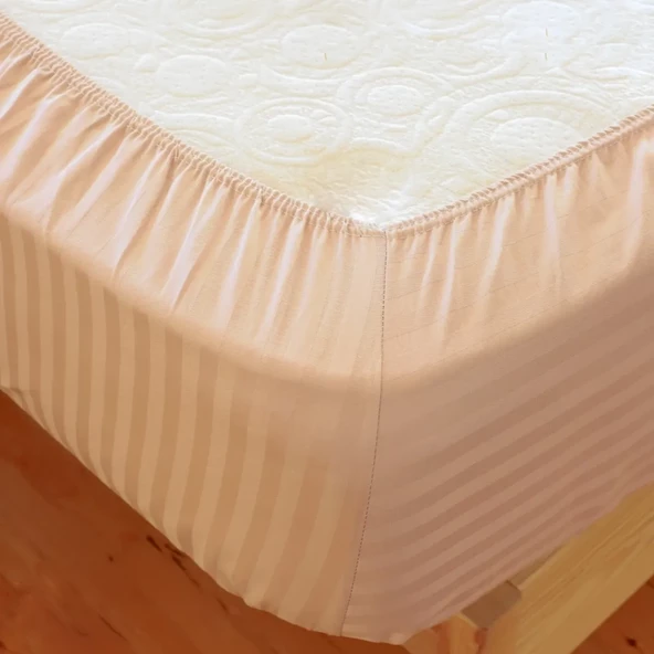 Çizgili Saten Yatak Çarşafı Lastikli 160x200 Yastık Kılıfı 50x70 Fitted Çift Kişilik Çarşaf Seti Bej - 2