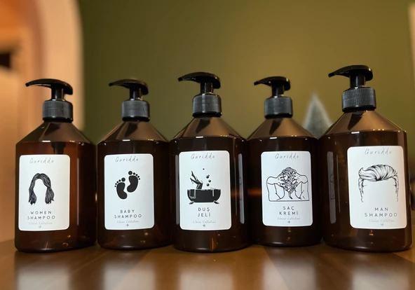 5'li Erkek Şampuan Kadın Şampuan Bebek Şampuan Duş Jeli Saç Kremi Etiketli Plastik Amber Şişe 500ml - 3