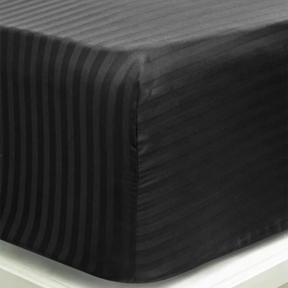Çizgili Saten Yatak Çarşafı Lastikli 160x200 Yastık Kılıfı 50x70 Fitted Çift Kişilik Çarşaf Seti Siy - 2