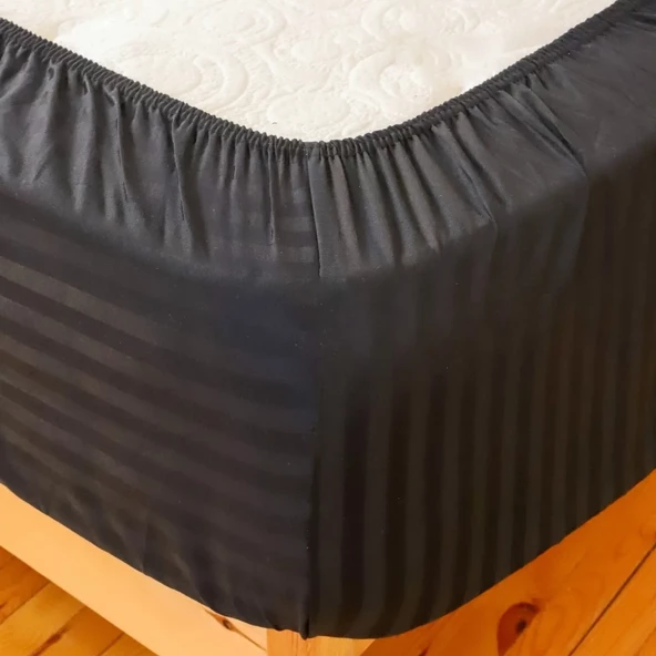 Çizgili Saten Yatak Çarşafı Lastikli 160x200 Yastık Kılıfı 50x70 Fitted Çift Kişilik Çarşaf Seti Siy - 3