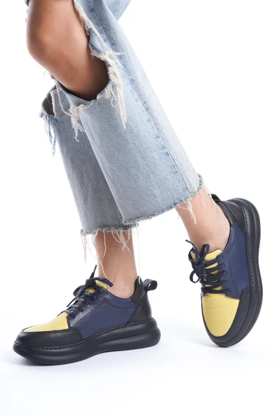 Kadın Hakiki Deri Çok Renkli Yüksek Taban Günlük Spor Ayakkabı Sneakers - 2