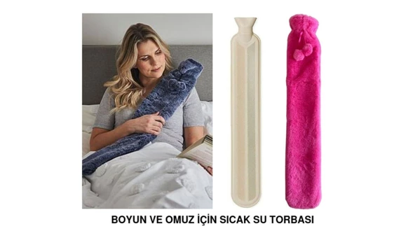 SICAK SU TORBASI BOYUN VE OMUZ ICIN  UZUN PELUŞ PEMBE PONPONLU 2LT TERMOFOR 75x13CM ürün görseli