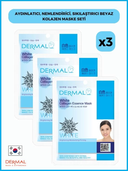 Dermal Ikra Aydınlatıcı, Nemlendirici, Sıkılaştırıcı Beyaz Kolajen Maske 23 gr 3 Adet