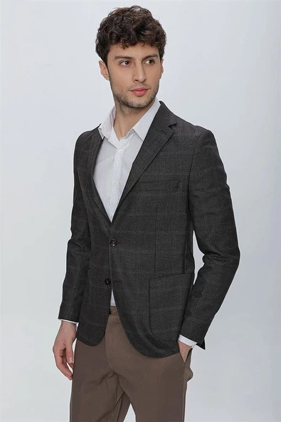 Koyu Kahverengi Desenli Mono Yaka Astarsız 6 Drop Comfort Fit Rahat Kesim Ceket 1002225172