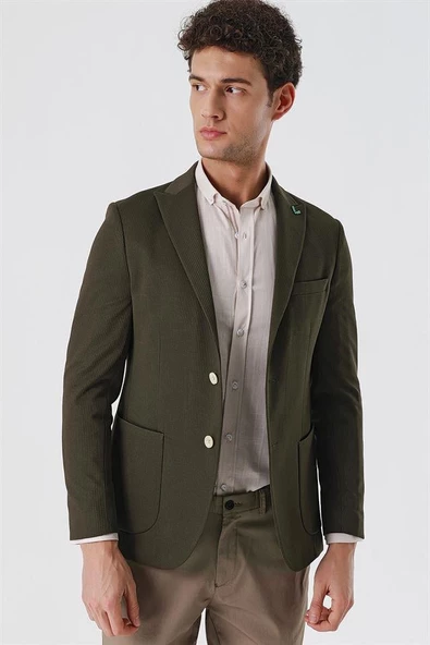 Koyu Haki Desenli Kırlangıç Yaka Astarsız 6 Drop Ekstra Slim Fit Dar Kesim Casual Ceket 1002230158