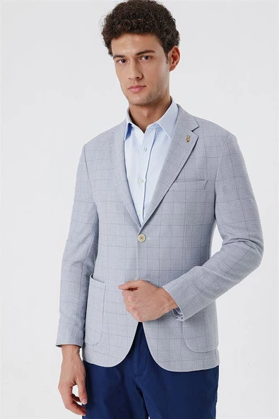 Koyu Mavi Ekoseli Mono Yaka Astarsız Çift Yırtmaç 6 Drop Slim Fit Dar Kesim Casual Ceket 1002230150 - Resim 3