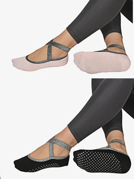 2 Çift Pilates Siyah Ve Pembe  Pilates Çorabı - 2